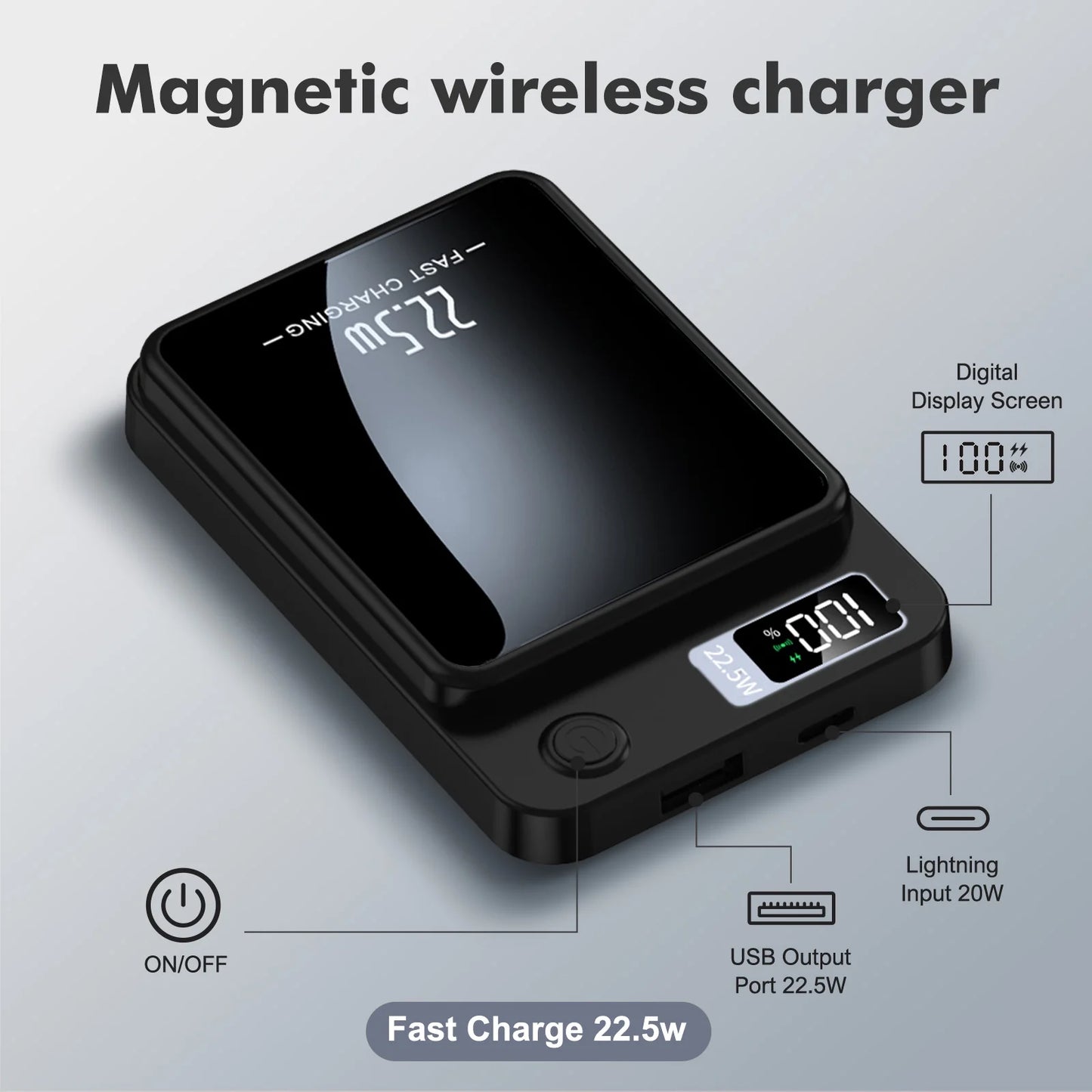 Wireless Portable Charger with LED Power Display, 10000Mah 22.5W Fast Charging Phone Battery Bank,2 in 1 Wireless Magnetic Power Bank, Suitable for Outdoor Travel Emergency Backup Battery Pack, Black
