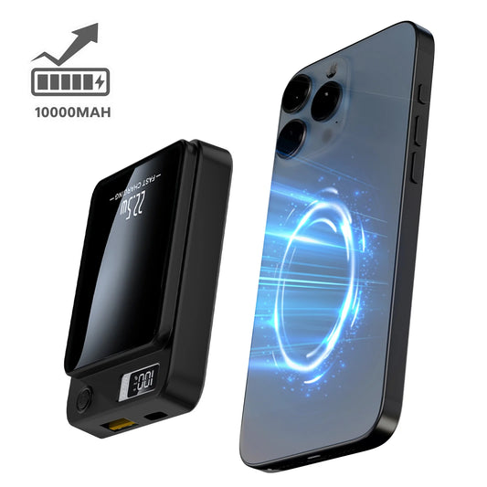 Wireless Portable Charger with LED Power Display, 10000Mah 22.5W Fast Charging Phone Battery Bank,2 in 1 Wireless Magnetic Power Bank, Suitable for Outdoor Travel Emergency Backup Battery Pack, Black