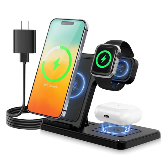 Charging Station, Wirelss Charger, Magnetic Fast Charging Station Compatible with Iphone 16 15 14 13 12 11 Pro Max XS XR, for Iwatch Series 9 8 7 6 5 4 3 2 SE, for Airpods 3 2 Pro