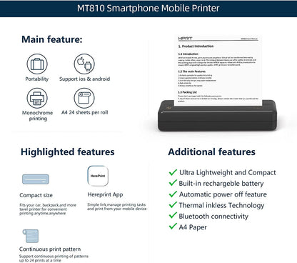 HPRT MT810 Portable Printer, A4 Wireless Bluetooth Travel Printer, Thermal Printer Support 8" & 4" Thermal Roll Paper Suitable for Home Vehincles Office Business