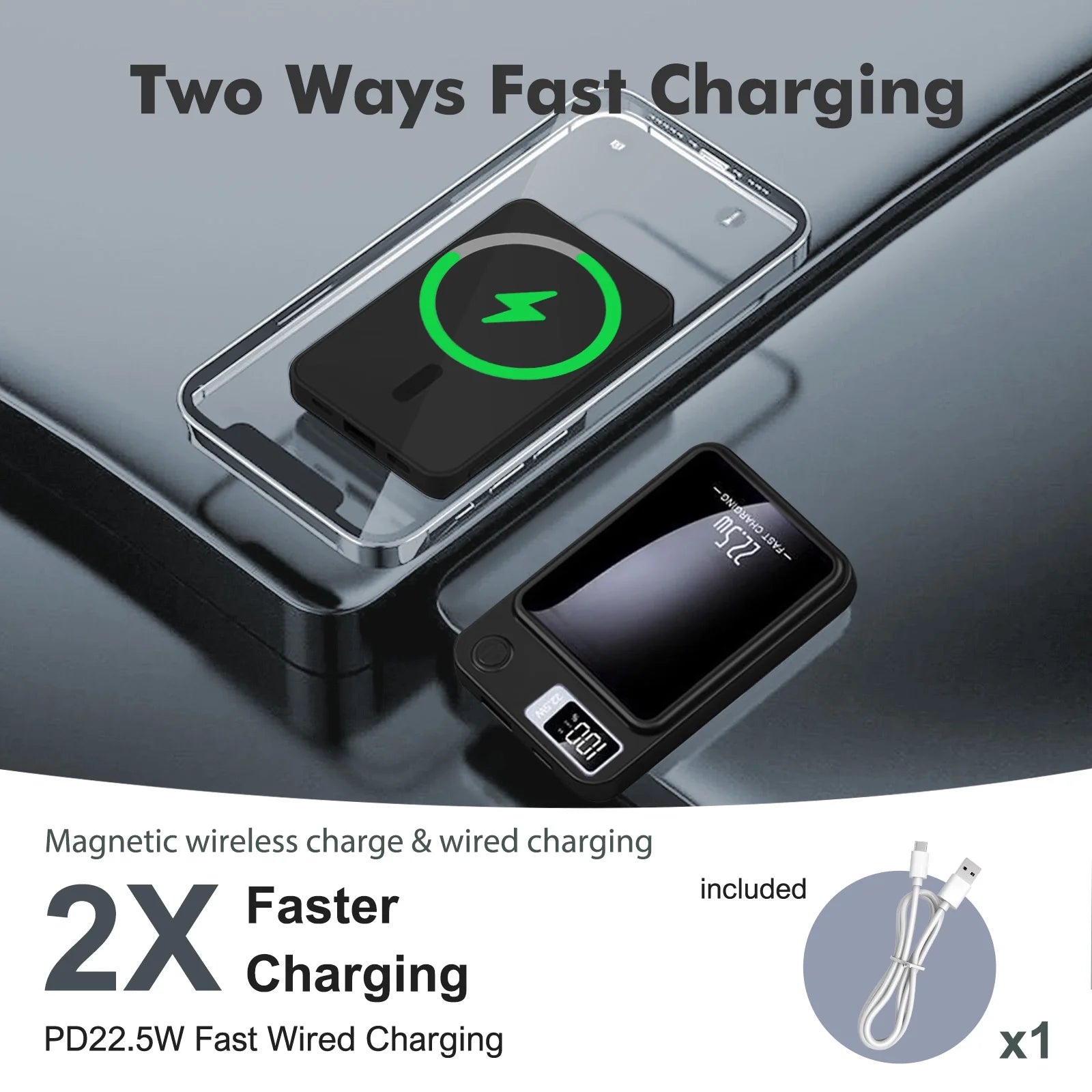 Wireless Portable Charger with LED Power Display, 10000Mah 22.5W Fast Charging Phone Battery Bank,2 in 1 Wireless Magnetic Power Bank, Suitable for Outdoor Travel Emergency Backup Battery Pack, Black