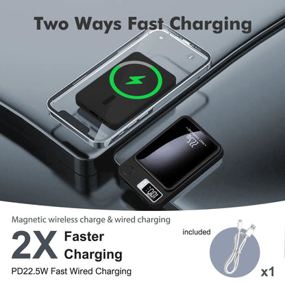 Wireless Portable Charger with LED Power Display, 10000Mah 22.5W Fast Charging Phone Battery Bank,2 in 1 Wireless Magnetic Power Bank, Suitable for Outdoor Travel Emergency Backup Battery Pack, Black