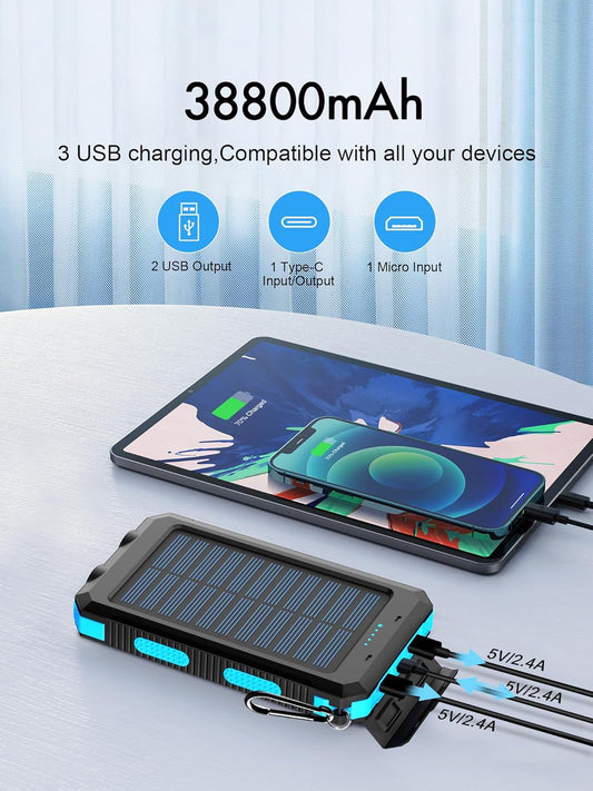 Solar Charger,38800Mah Solar Power Bank, Waterproof External Backup Battery Power Pack with USB C Input/Output/Led Flashlights Compatible with Iphone, Samsung, Ipad, Suitable for Outdoor, Camping